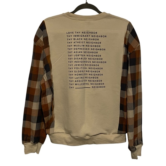 Unique One of a Kind Flannel Sleeve Love Your Neighbor Cream Sweatshirt Size M - Picture 2 of 6